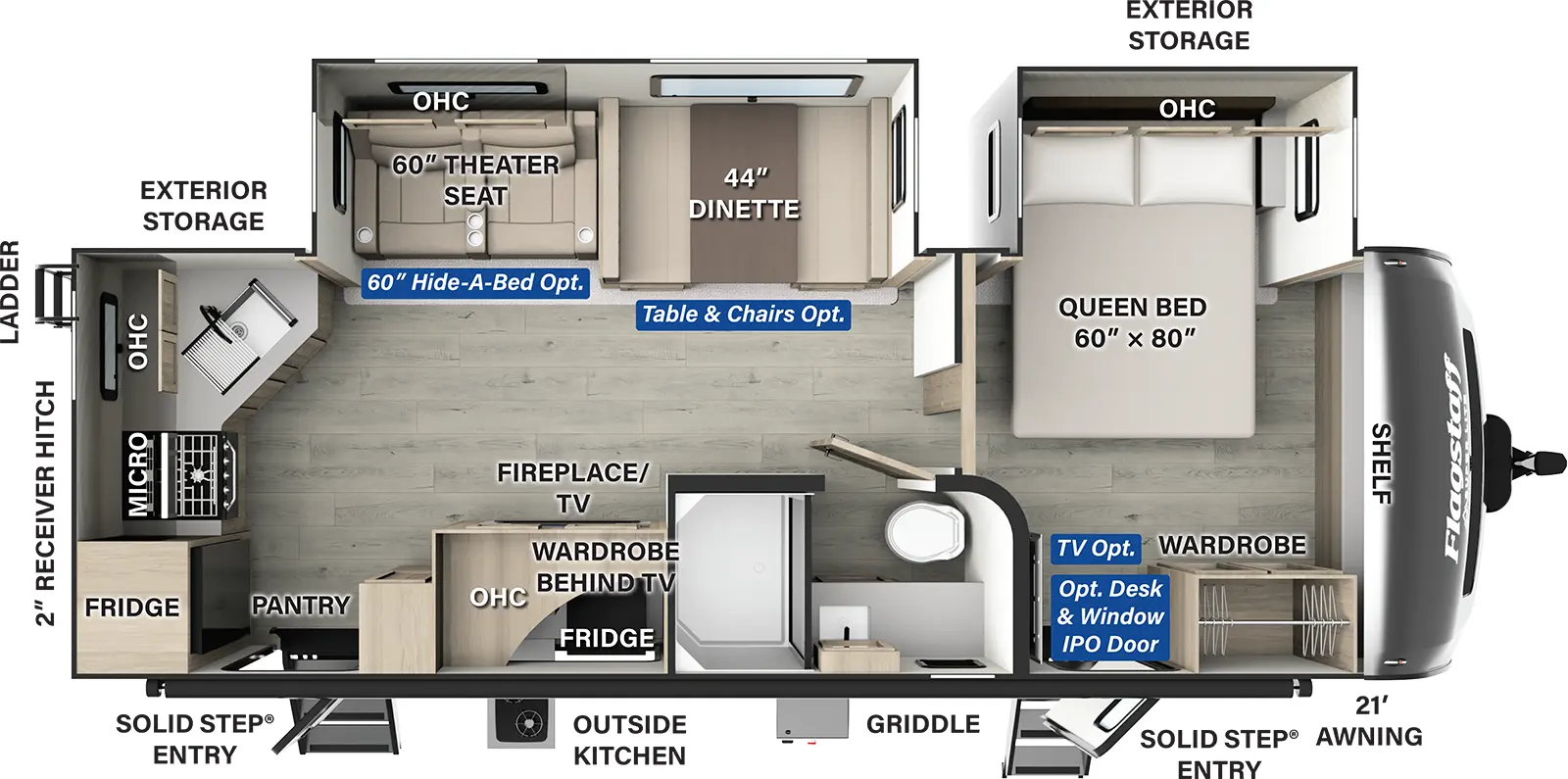 The Flagstaff Super Lite Travel Trailers 26RKBS has two entries and two slide outs. Exterior features include: fiberglass exterior, 21' awning and outside kitchen. Interiors features include: rear kitchen, free-standing dinette option and front bedroom.